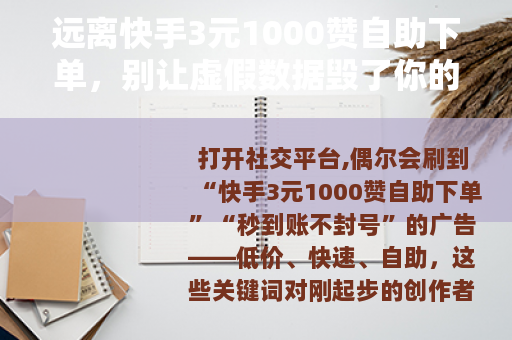 远离快手3元1000赞自助下单，别让虚假数据毁了你的账号