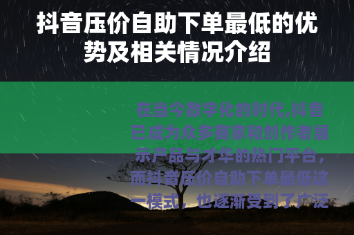 抖音压价自助下单最低的优势及相关情况介绍